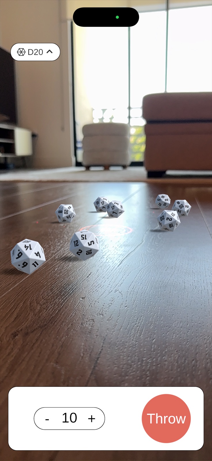 Ten D20 dice scattered across a living-room floor in AR