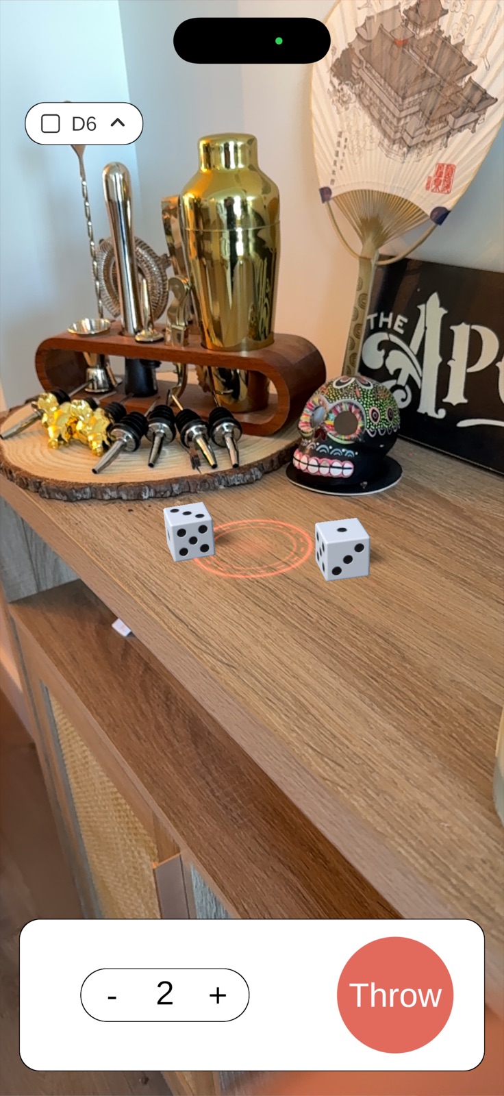 Two D6 dice resting on a console table in AR